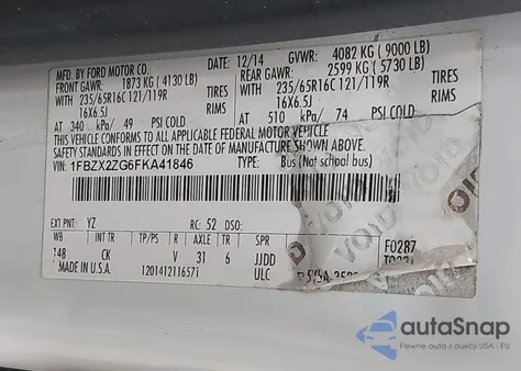 2015 Ford Transit-350 Xlt из США, поврежденный, VIN 1FBZX2ZG6FKA41846